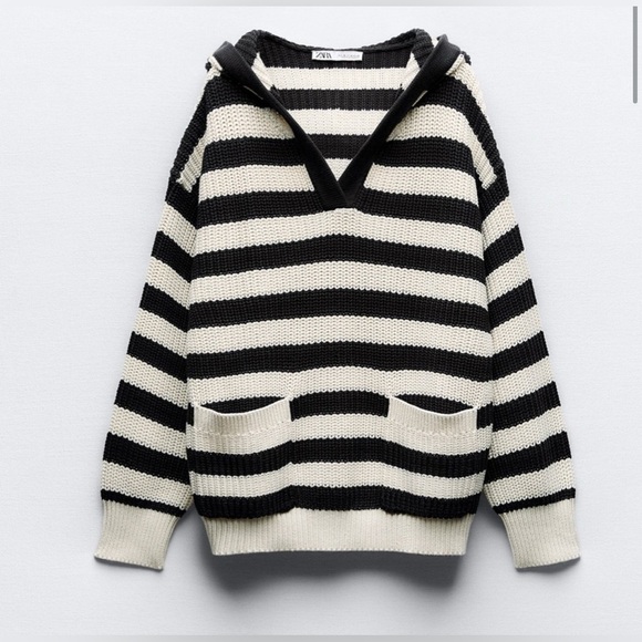 ZARA Hooded Knit Sweater Striped Cotton Long Sleeve Front Pockets Preppy Coastal - Picture 1 of 5